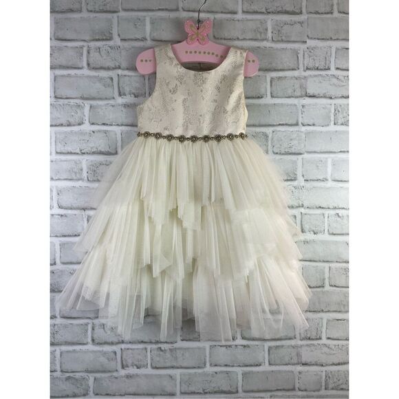 Couture Princess Girls Size 5 Gold Brocade and Ivory Tulle Party Occasion Dress - Picture 1 of 6